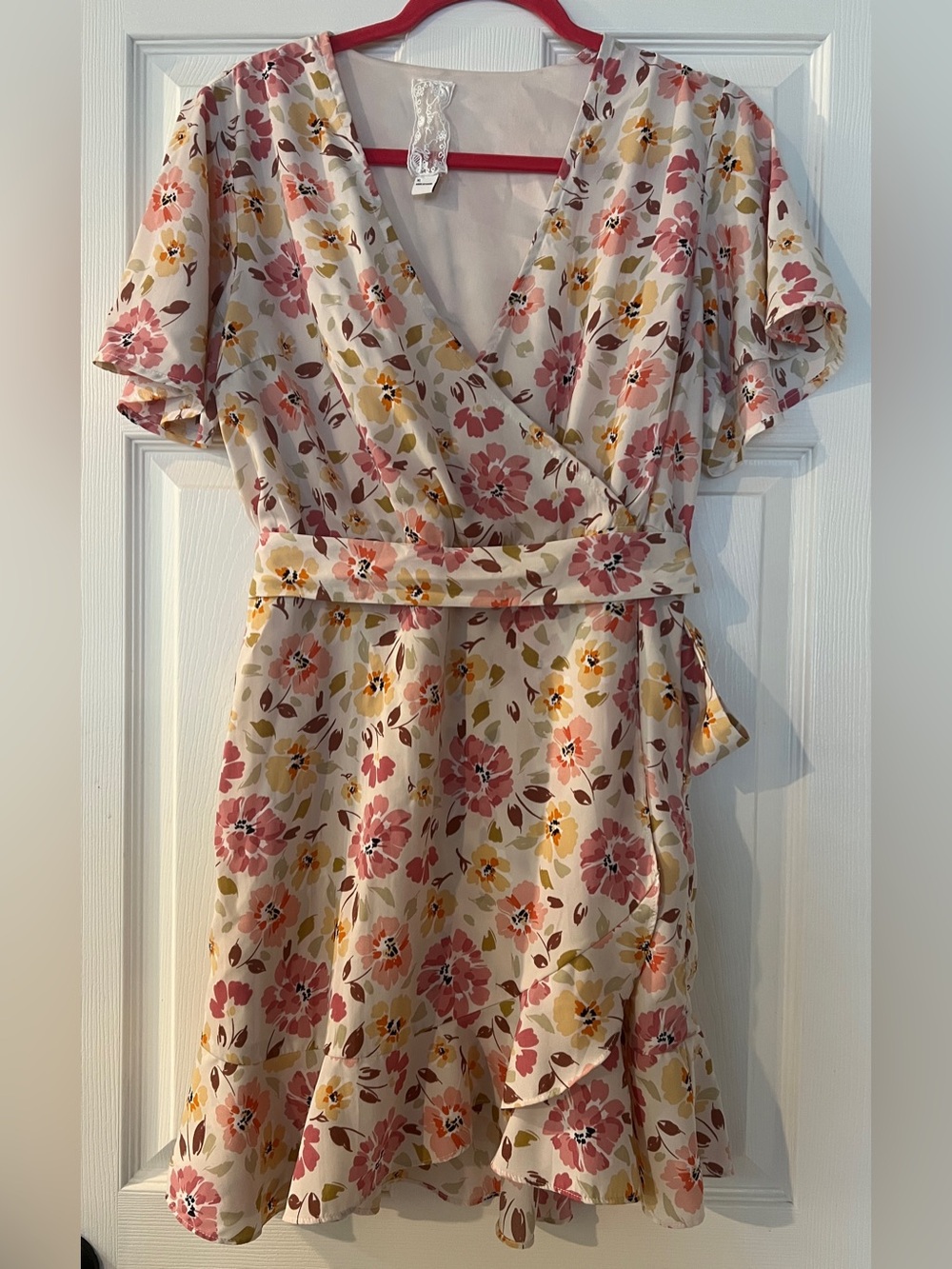 Sadie & Sage Ivory Floral Boho Faux Wrap Flutter Sleeve Chiffon Short Dress XL